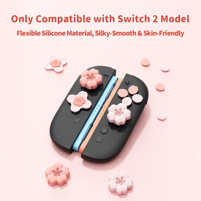 GEEKSHARE Sakura Cross D-Pad Button Caps Thumb Grip Caps Set Compatible with Switch 2, ABXY Key Buttons Sticker Cover Caps for Switch 2, Cherry Pink - Image 2